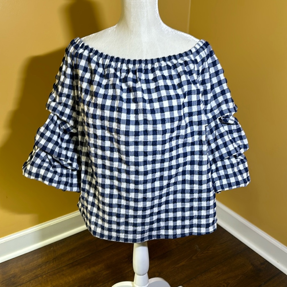 Navy/white checked, off the shoulder puffy sleeve top
